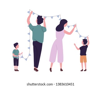 Happy family hanging flags or bunting garland on wall. Smiling mother, father and children decorating house. Cute funny cartoon characters isolated on white background. Flat vector illustration.