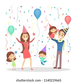 Happy family have a big birthday party with balloons. Children have fun and dance together with parents. Isolated flat vector illustration