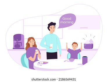 Happy Family Have Breakfast Together. Smart Home Concept. The Smart Speaker Turns On Electrical Appliances In Response To A Voice Command. Internet Of Things. IOT. Flat Vector Illustration