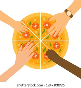 Happy family, have fun and eating pizza. Top view. Dinner table. eps10