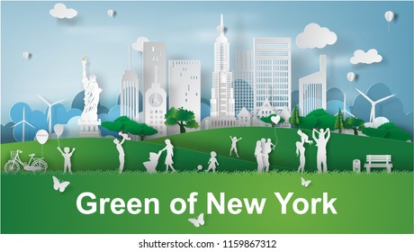 Happy family have fun and enjoy with green park landmarks at New York City, America.Creative paper cut and craft style space for your text.Graphic Eco environment day concept.smart city.vector EPS10