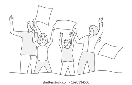 Happy family have fun at home and throw pillows. Line drawing vector illustration.