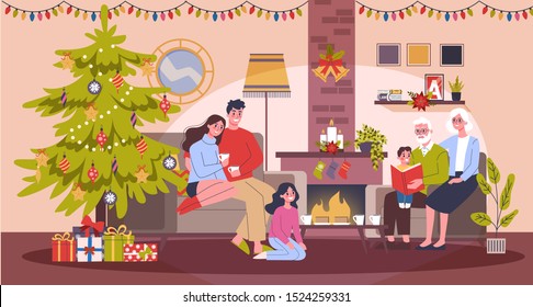 Happy family have fun on the christmas celebration. Home party. New Year celebrate. Living room interior. Vector illustration in cartoon style