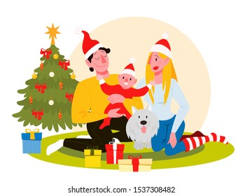 Happy family have fun on the christmas celebration. Home party. New Year celebrate. Vector illustration in cartoon style