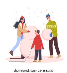 Happy Family Have Fun On The Christmas Celebration. Home Party. Mother Father And Theirson Building A Snowman. Winter Outdoor Activities. New Year Celebrate. Vector Illustration In Cartoon Style