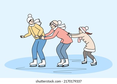 Happy family have fun skating on ice rink on winter holiday together. Smiling parents with child enjoy sport activity on weekend. Vector illustration. 