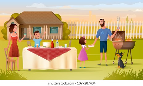 Happy Family Have Holiday Dinner with Drinks and Barbeque Near House Cartoon Vector Illustration. Father Cooking Steak for Son, Daughter and Wife on Backyard. Family Grilling, Countryside Grill Party