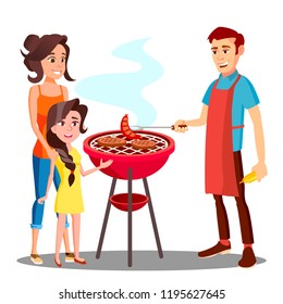 Happy Family Having Barbecue In The Outdoor Vector. Isolated Illustration