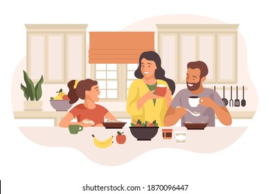 Happy family having breakfast in cozy bright modern kitchen. Vector flat illustration isolated on white background with parents who spend time with child, talking, laughing and eating healthy meal