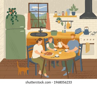 Happy family having breakfast at home in the kitchen. Modern kitchen interior hand drawn vector illustration. Dining table in scandinavian cartoon style. Cozy hygge design