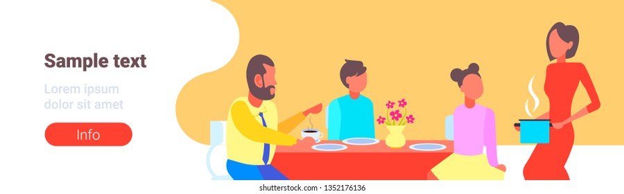 happy family having breakfast housewife serving food to her husband and children sitting at dinning table cartoon characters portrait flat horizontal copy space