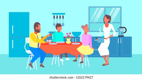 happy family having breakfast housewife serving food to her husband and children sitting at dinning table modern kitchen interior cartoon characters full length flat horizontal