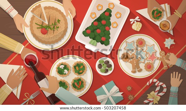 Happy Family Having Christmas Dinner Eating Stock Vector (Royalty Free