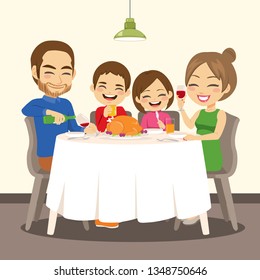 Happy family having dinner enjoying delicious roasted chicken sitting together on table