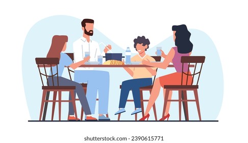 La familia feliz está cenando en la mesa de la cocina. Padres con hijos. Madre, padre e hijos comiendo juntos. Desayuno o almuerzo. Comida de fin de semana. Concepto de vector aislado plano de dibujos animados