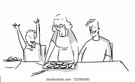 Happy Family Having Dinner Ready Vector Storyboard Sketch