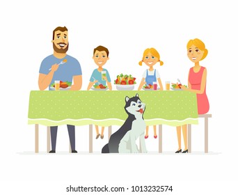 Happy family having dinner together - modern cartoon people characters illustration isolated on white background. Mother with two children and husband sitting at the table, eating salad, healthy food