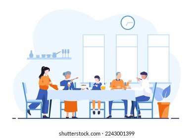 Happy family is having a dinner together inside the house. Vector illustration in a flat style in light blue color theme