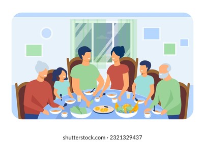 Happy family having dinner together vector illustration. Grandparents, parents, children sitting at table, drinking and eating at home. Family reunion, holiday, togetherness concept