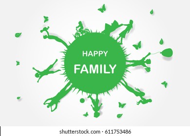 Happy family having enjoy fun playing in the field.Ecology green environment day concept.Graphic happiness people lifestyle nature park garden.Creative grass circle idea in earth.world trip.vector