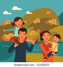 Happy family having fun. Autumn mountain landscape background. Poster design style