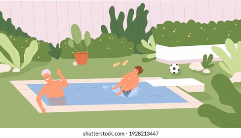 Happy Family Having Fun In Backyard Swimming Pool On Summer Holidays. Father And Kid Spending Time In Water Together In House Yard. Summertime Outdoor Leisure. Colored Flat Vector Illustration