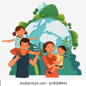 Happy family having fun. Eco friendly ecology concept. Nature conservation vector illustration. Holidays time, vacation  and travel vector concept