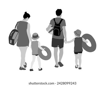Happy Family Having Fun and go to the beautiful sunny tropical beach vector illustration. Mother and father walking with kids, relaxing by the sea. Father and mother with children go to the swimming.