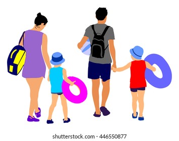 Happy Family Having Fun and go to the beautiful sunny tropical beach vector illustration. Mother and father walking with kids, relaxing by the sea. Father and mother with children go to the swimming.