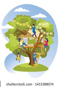 Happy Family Having Fun At House On Tree Cartoon. Flat Dad And Mom Going Upstairs, Son Sitting On Roof And Eldest Daughter Settled On Floor. Little Girl Swinging. Summer Leisure. Vector Illustration