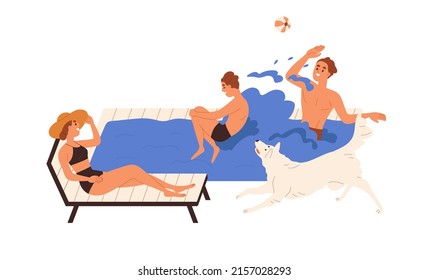 Happy family having fun, joy, relaxing in water pool on summer holiday time together. Parents, son teenager and dog rest on summertime vacation. Flat vector illustration isolated on white background