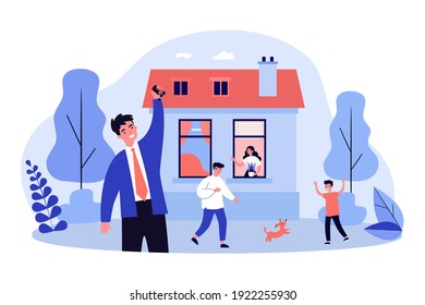 Familia feliz divirtiéndose en casa nueva. Perro, niño, ilustración clave de vector plano. Concepto de alojamiento e hipoteca para banner, diseño de sitios web o página web de aterrizaje