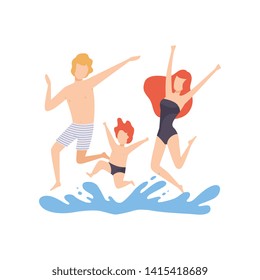 Happy Family Having Fun on Beach, Mother, Father and Son Having Summer Vacation on Seashore Vector Illustration
