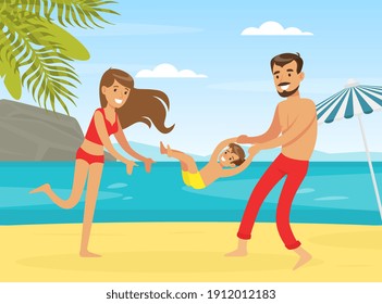 Happy Family Having Fun on Tropical Beach, Father, Mother and Son on Summer Vacation on Seashore Cartoon Vector Illustration