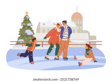 Happy family having fun on outdoor city ice rink flat vector scene isolated on white.