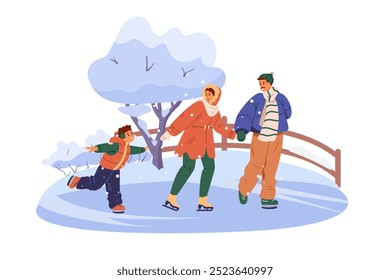 Familia feliz que se divierte en la escena plana al aire libre del Vector de la pista de hielo aislada en blanco. Padres con hijo patinando al aire libre.