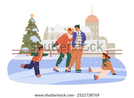 Happy family having fun on outdoor city ice rink flat vector scene isolated on white.