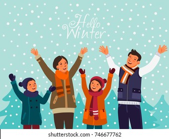 Happy family having fun outdoor in winter forest under snowflakes. Magic snowfall. Christmas and New Year vector illustration

