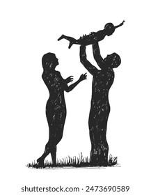 Happy family having fun outdoors, father lifting baby up in the air.