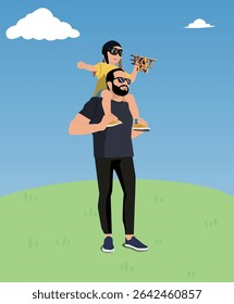 Happy family having fun outdoors. Father and son playing on blue summer sky background. Imagination and freedom concept