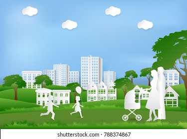 Happy family having fun in the park, Paper art background  paper cut illustration