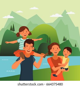 Happy family having fun. Smiling mom holding her baby boy in her arms. Cute girl sits on the shoulders of his father.  Happy family vector concept. Summer landscape background
