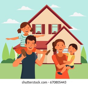 Happy family having fun. Smiling mom holding her baby boy in her arms. Cute girl sits on the shoulders of his father. Happy family vector concept. Summer landscape background