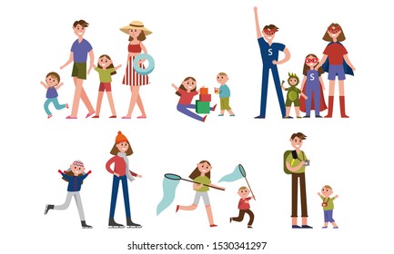 Happy Family Having Fun Together At Home And Outdoors Vector Illustration Set Isolated On White Background