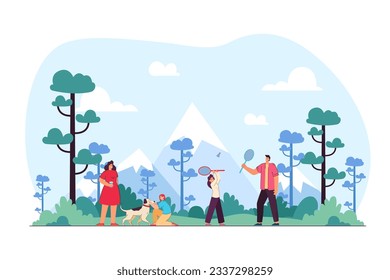 Happy family having fun together in nature vector illustration. Drawing of quality time in park, father and daughter playing badminton, girl with dog. Family, recreation, outdoor activity concept
