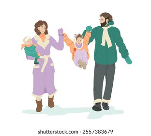 A happy family having fun together. Vector modern illustration on a white background. A family in winter clothes. Soft pastel colors.