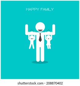 happy family having fun,daughter and son hang on daddy 's arms,father 's day concept,happy father 's day background.vector illustration