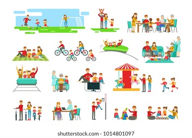 Happy Family Having Good Time Together Set Of Illustrations
