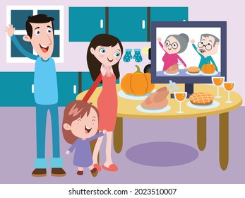 Happy Family Having A Holiday Turkey Dinner With Grandparents Via Video Chat 2d Cartoon Vector Illustration