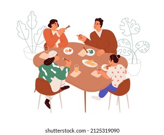 Happy family having meal, dinner at table. Parents and kids sitting and eating. Mother, father and children, boy and girl, talk at lunch together. Flat vector illustration isolated on white background